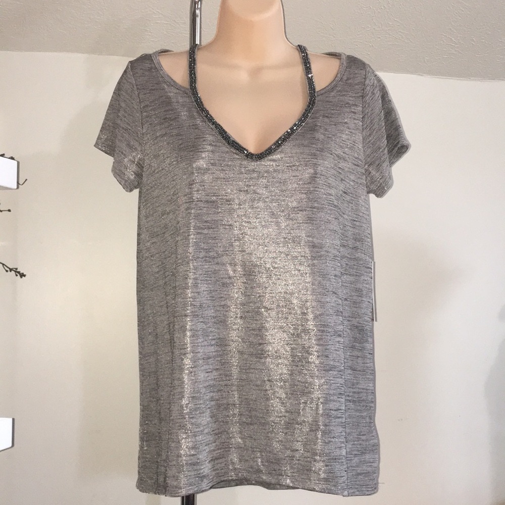❤️NEW Juicy Couture Sexy Beaded Shiny Silver Gray Blouse NWT ❤️